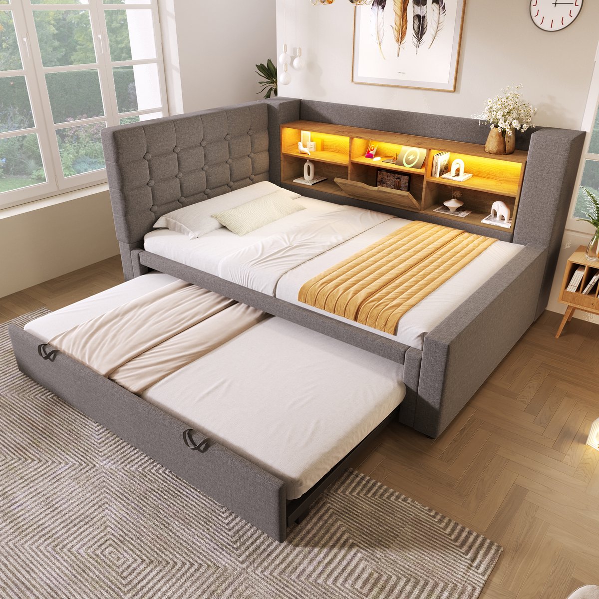 WUVRIE Slaapbank 90x200 cm met uitschuifbed, LED, opbergruimte en laadpunten, grijs