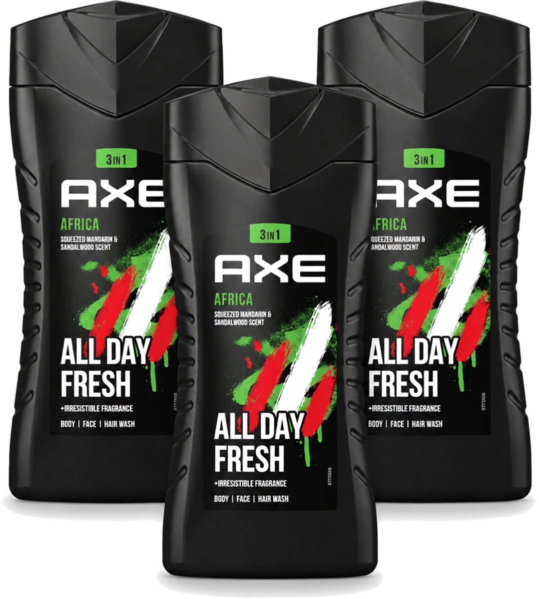 3 x Axe - 3-in-1 Douchegel - Africa - Squeezed Mandarin & Sandalwood - 12hrs Long Lasting Scent - 250 ml - Voordeelverpakking - 3 stuks