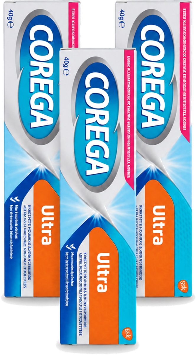 3 x Corega Ultra Kleefcrème - Krachtig Houvast & Bescherming - Met Verfrissende Mintsmaak - 40g - Voordeelverpakking - 3 stuks