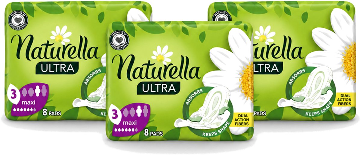 3 x Natur'ella - Ultra - Maandverband - Maxi - 8 Pads - Voordeelverpakking - 3 stuks