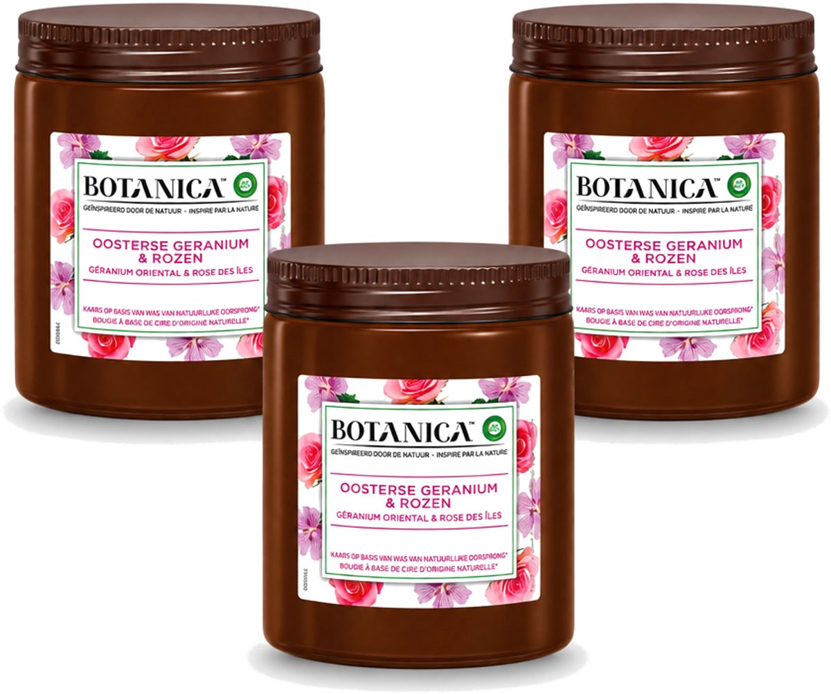 Air Wick 3 x Botanica by Air Wick - Geurkaars - Geranium & Rozen - 40 Uur Brandduur - Voordeelverpakking - 3 stuks Wit