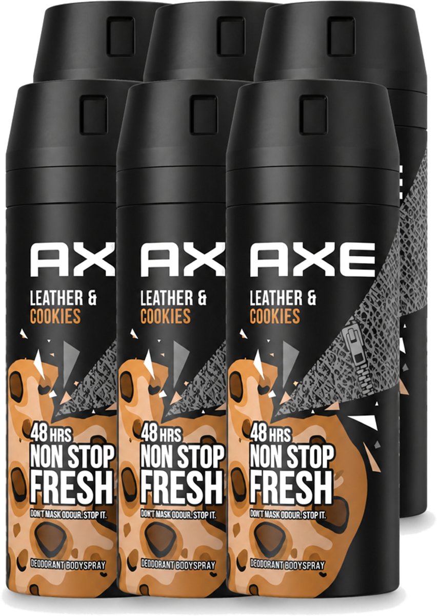 6 x Axe - Deodorant Bodyspray - 48hrs Fresh - Leather & Cookies - 150 ml - Voordeelverpakking - 6 stuks