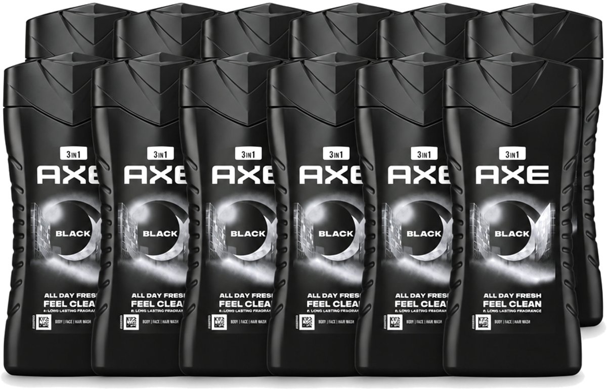 12 x Axe - 3-in-1 Douchegel - Black - Frozen Pear & Cedarwoord - 12hrs Long Lasting Scent - 250 ml - Voordeelverpakking - 12 stuks