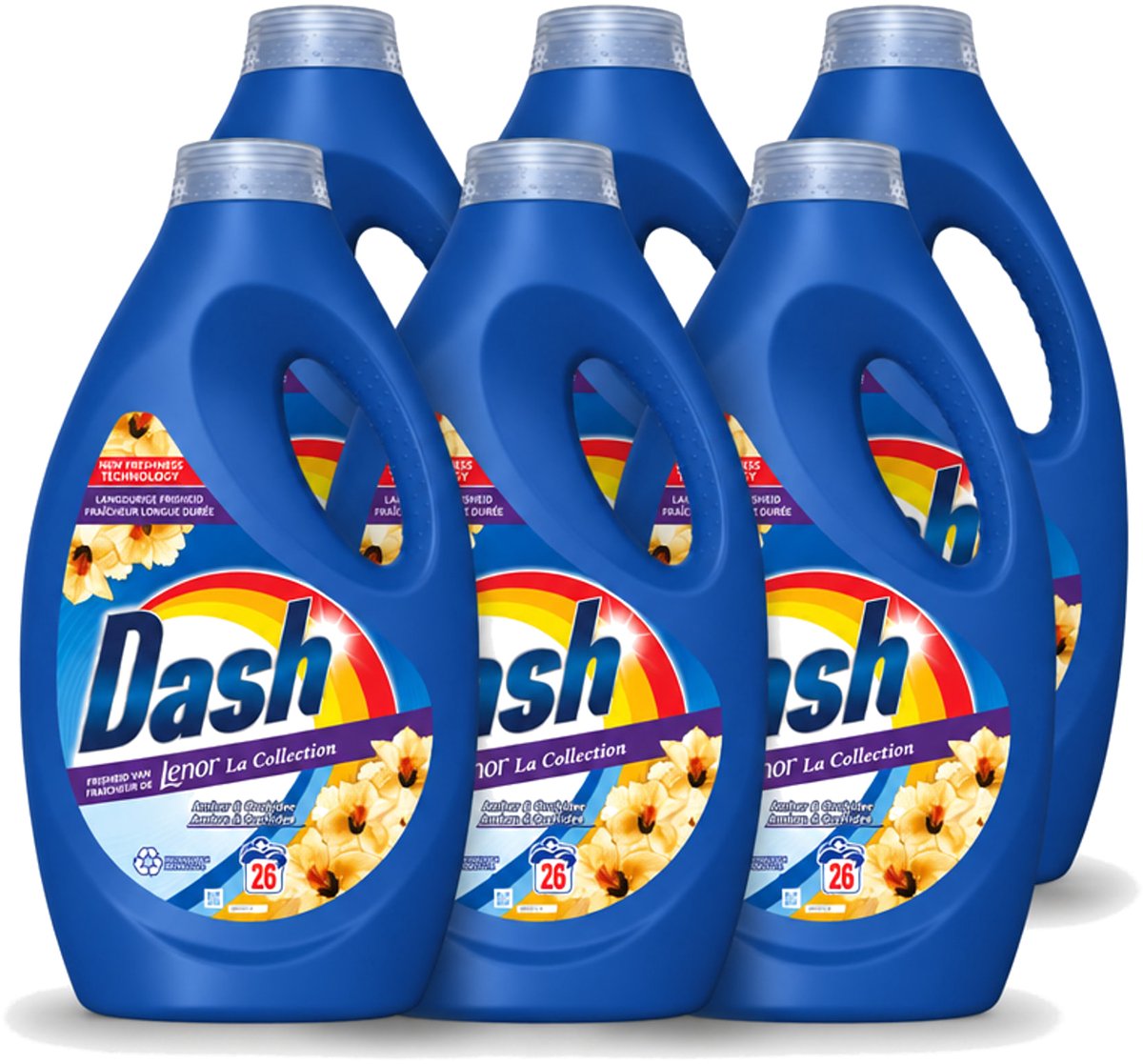 6 x Dash - Lenor Collectie - Vloeibaar Wasmiddel - Witte en Gekleurde Was - Amber & Orchidee - 26 Wasbeurten - Voordeelverpakking - 6 stuks
