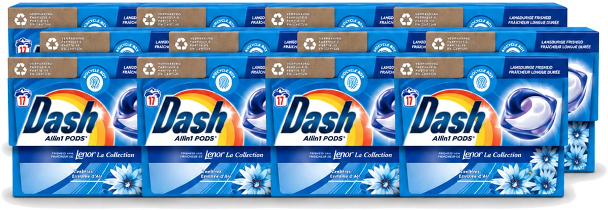 12 x Dash - Lenor Collectie - Wasmiddel Capsules - All-in-1 Pods - Witte en Gekleurde Was - Zeebries - 17 Wasbeurten - Voordeelverpakking - 12 stuks