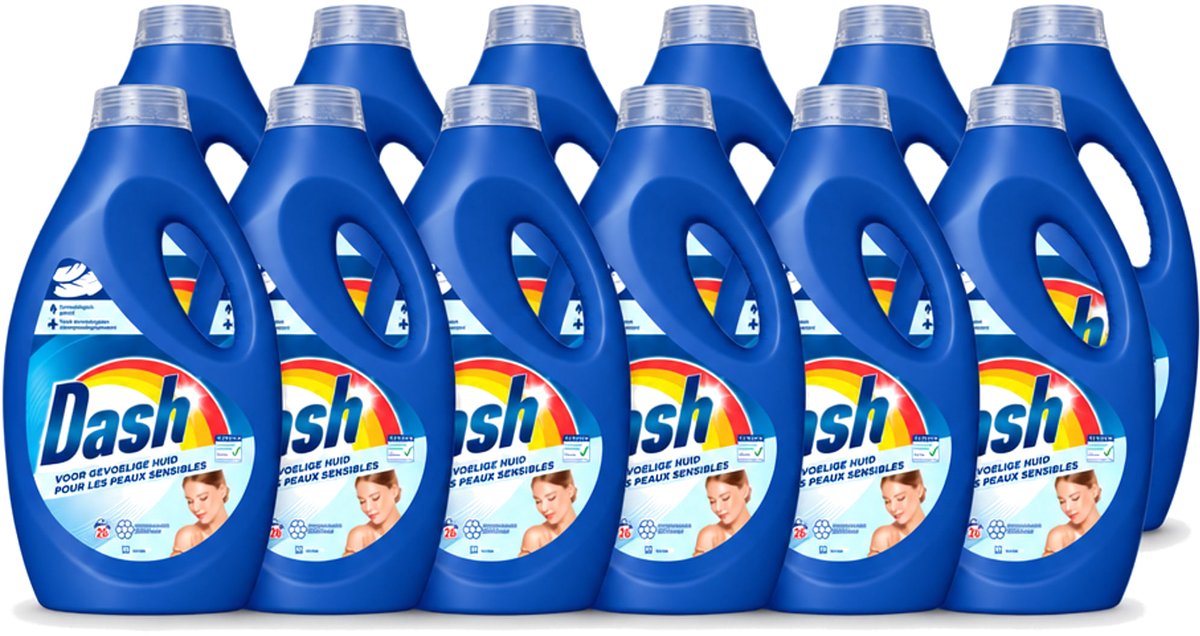 12 x Dash Sensitive - Vloeibaar Wasmiddel - Voor Gevoelige Huid - Witte en Gekleurde Was - 26 Wasbeurten - Voordeelverpakking - 12 stuks