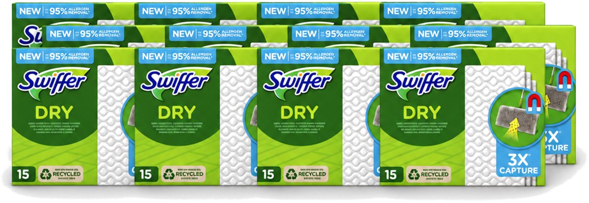 12 x Swiffer Dry - Vloerdoekjes - Navulling - Gerecyclede Fibers - 15 Doekjes - Voordeelverpakking - 12 stuks