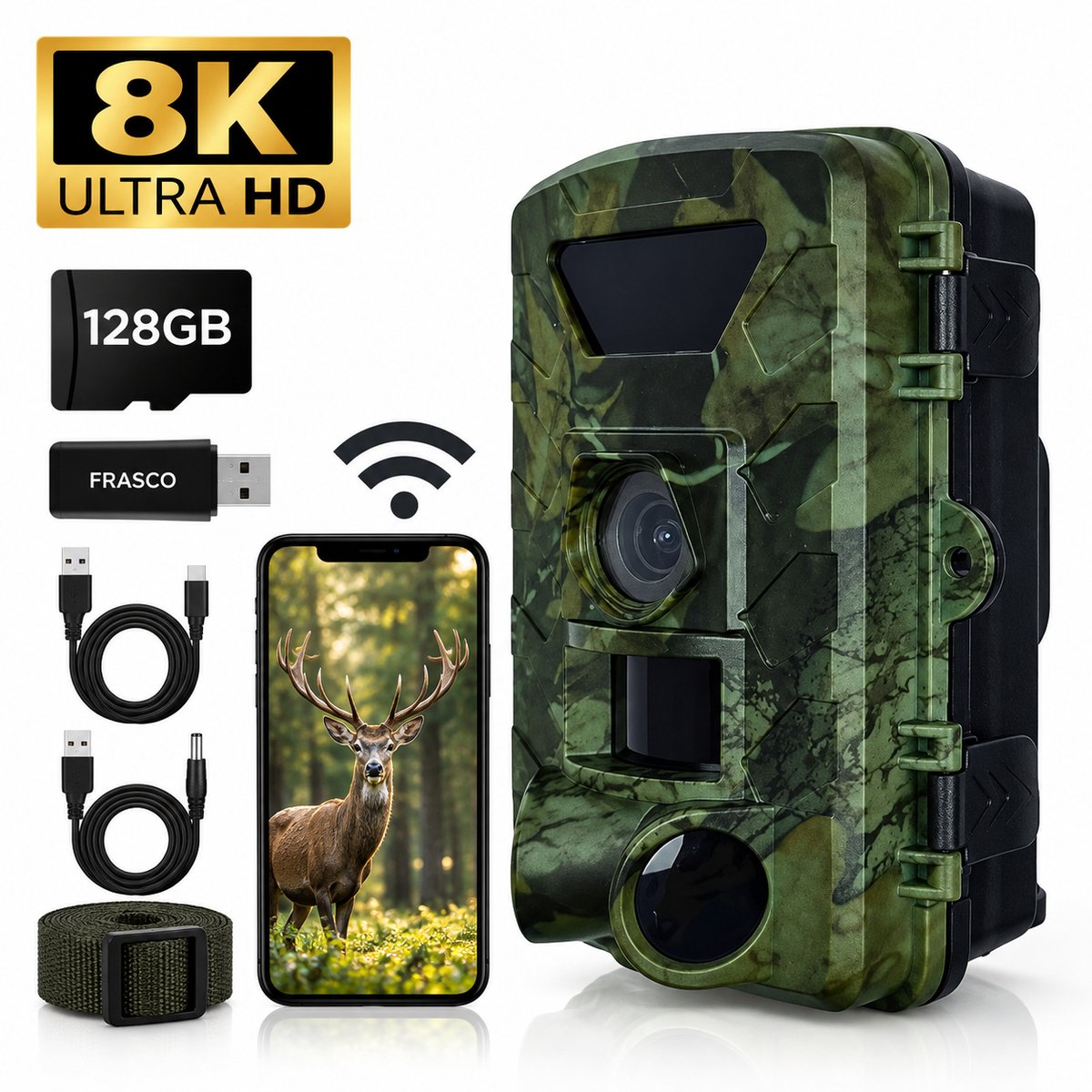 Frasco® Wildcamera met Nachtzicht - 8K Ultra HD & 60MP - Wildcamera met Nachtzicht en WiFi - Incl. 128GB SD Kaart - App Besturing - Waterdicht - 2026 Model