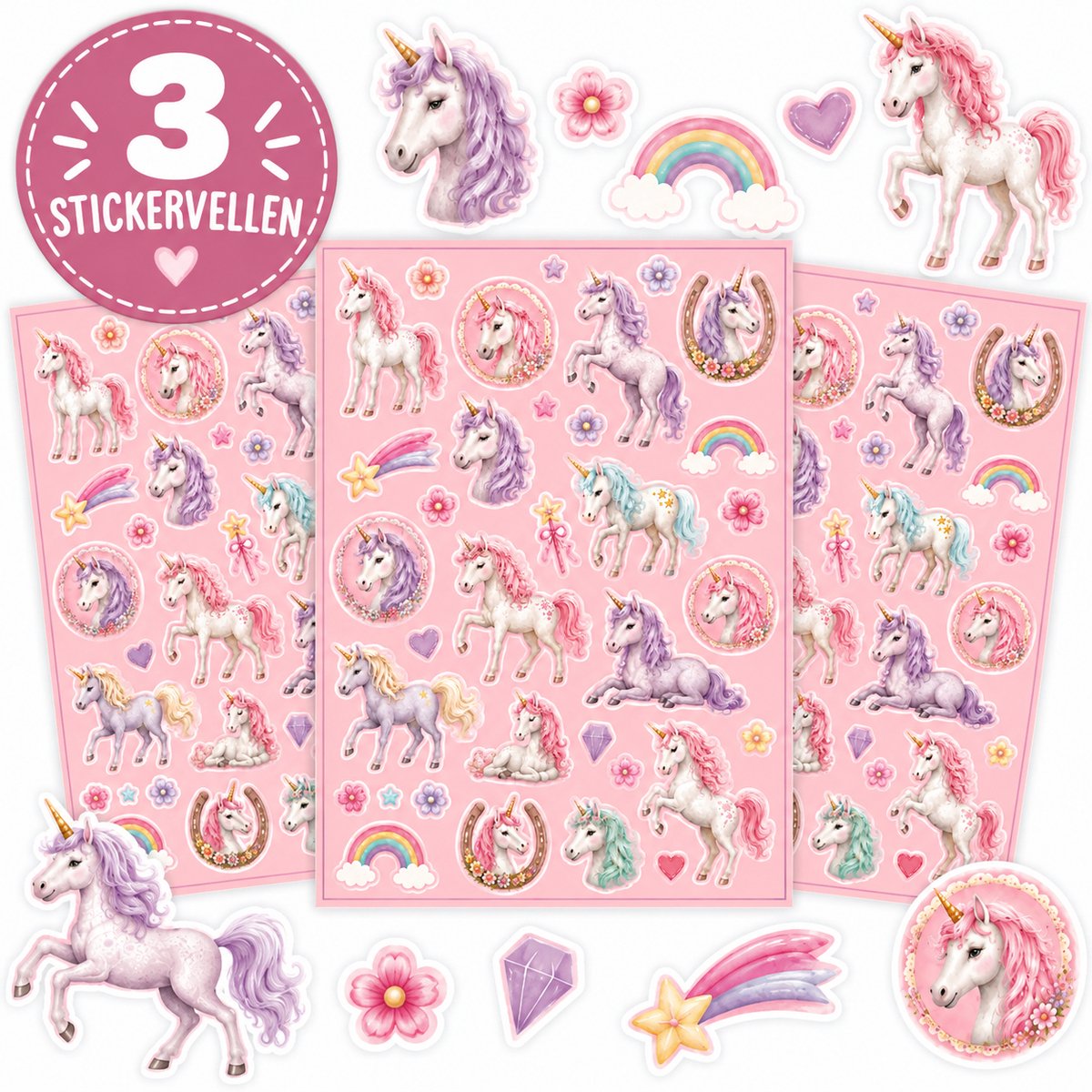 Stickers Unicorn - Unicorn Stickers - Knutselen Meisjes - 3 Stickervellen