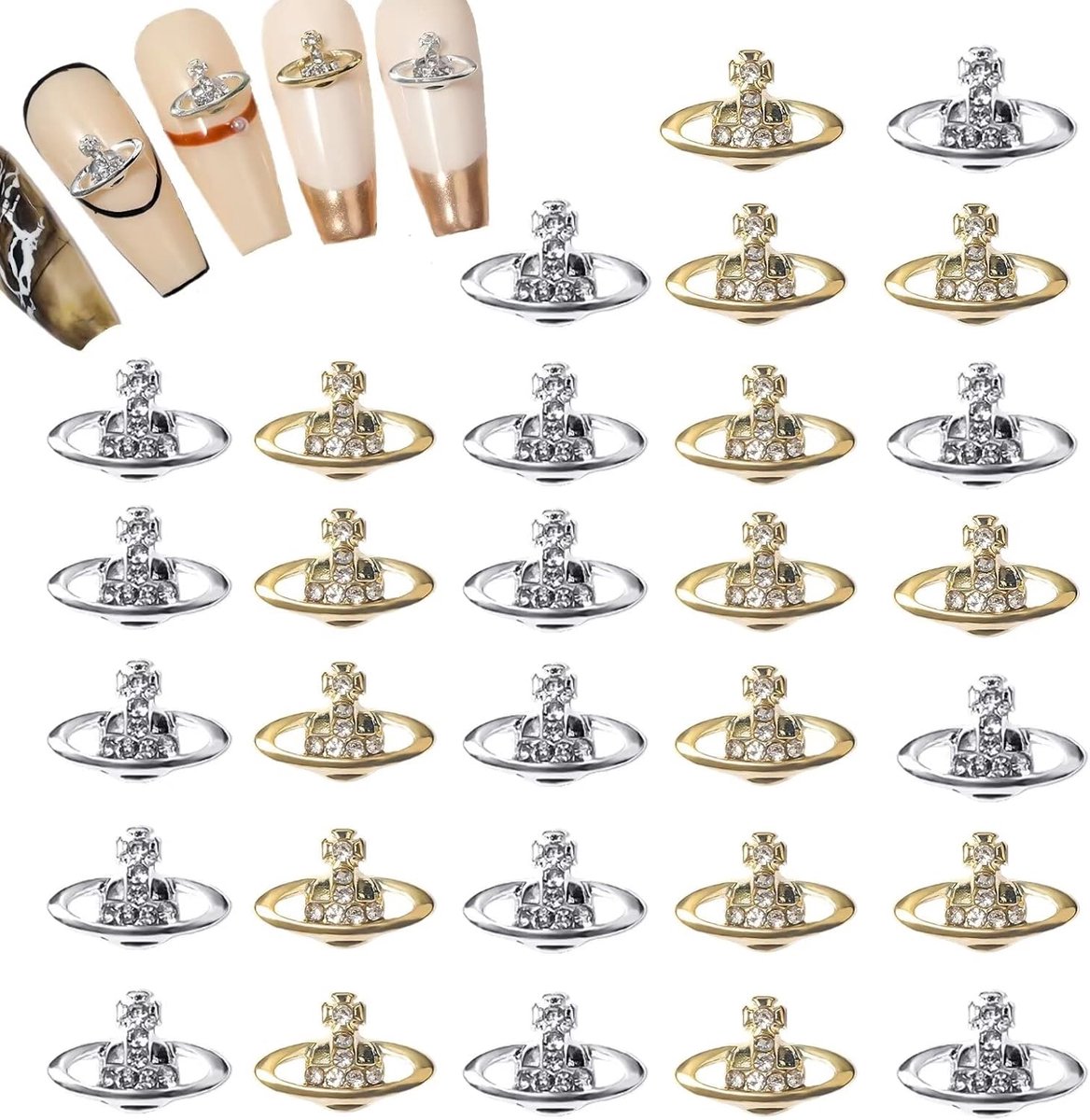30 Pieces Planet Nail Art Charms Gold Silver 3D Nails Elegant Diamonds for Nail Accessories Nail Jewelry Decoration - ShopVlot