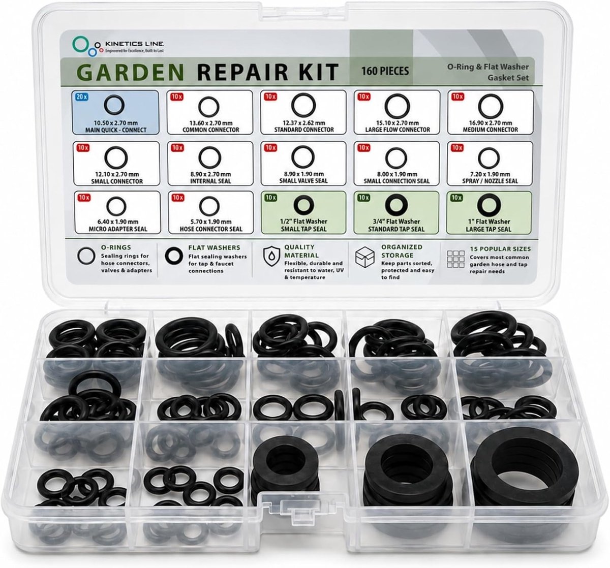 Tuinslang reparatieset - 160 EPDM peroxide pakkingen - vervang eenvoudig afdichtingen - voorkom lekkages - ShopVlot
