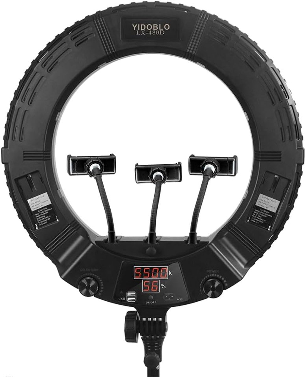 LX-480D 480D Digital Display, 3200K-5500K LED Ring Light with 3 Hot Shoe Connections with Remote Control, Tripod - ShopVlot