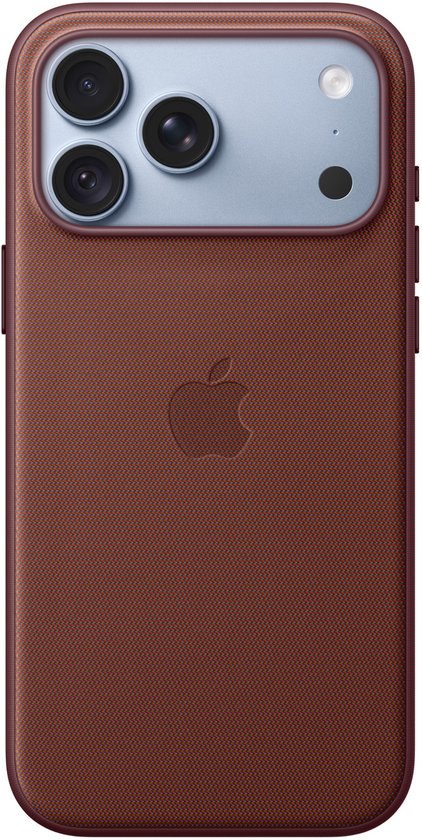 Bordeauxrood Apple TechWoven hoesje met lichtblauwe camera-omlijsting en Apple logo.
