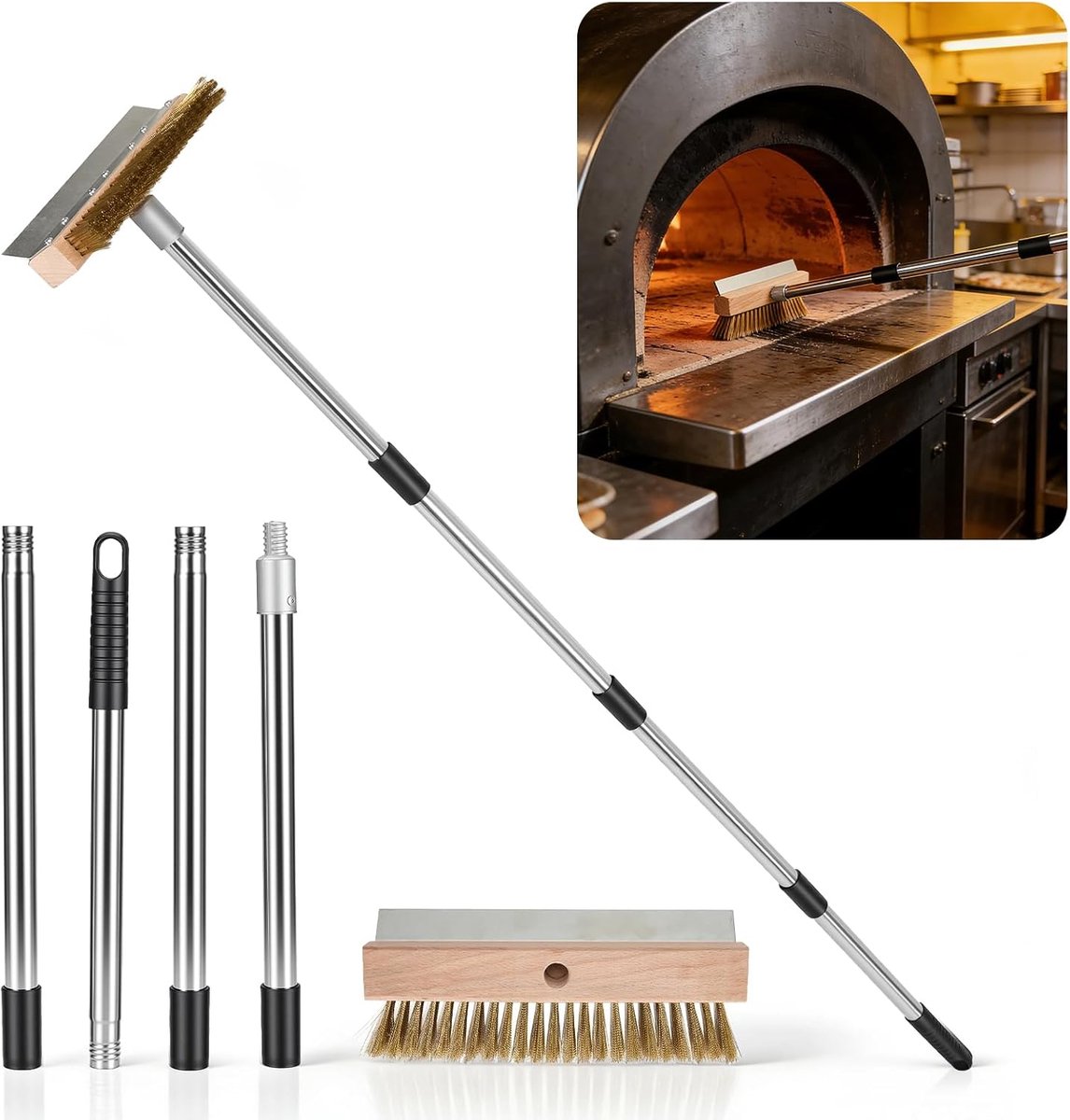 Pizza Oven Brush with Steel Scraper, 148cm Adjustable Aluminum Handle, 10 in Wide Brass Grill Brush, Ideal for - ShopVlot