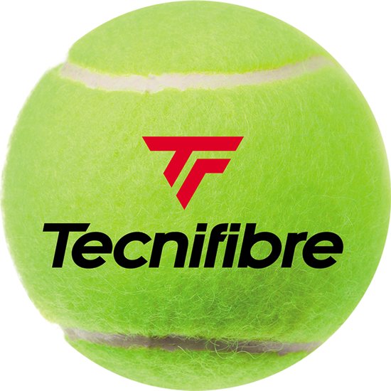 Gele tennisbal met het Tecnifibre logo in rood en zwart.