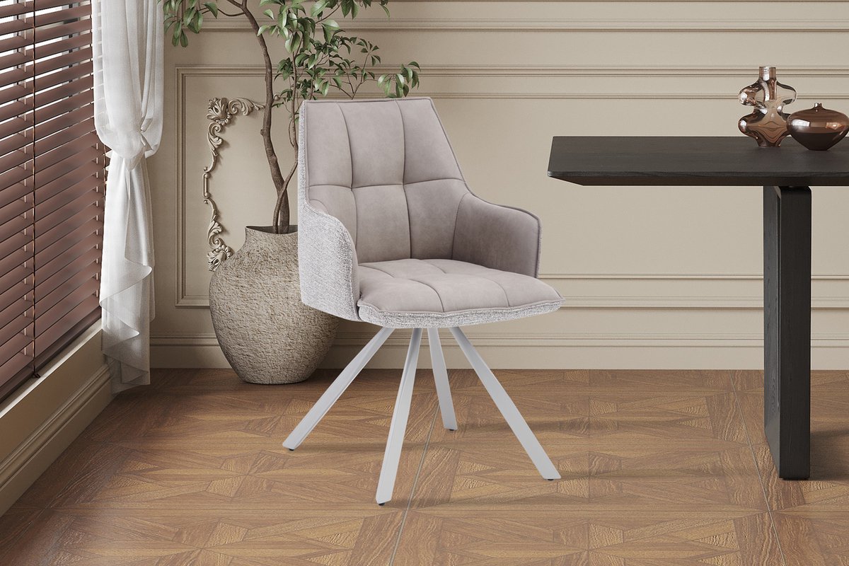 Draaibare Eetkamerstoel Solenne Beige– PU & Stof – Toon-op-toon Onderstel – Per Stuk