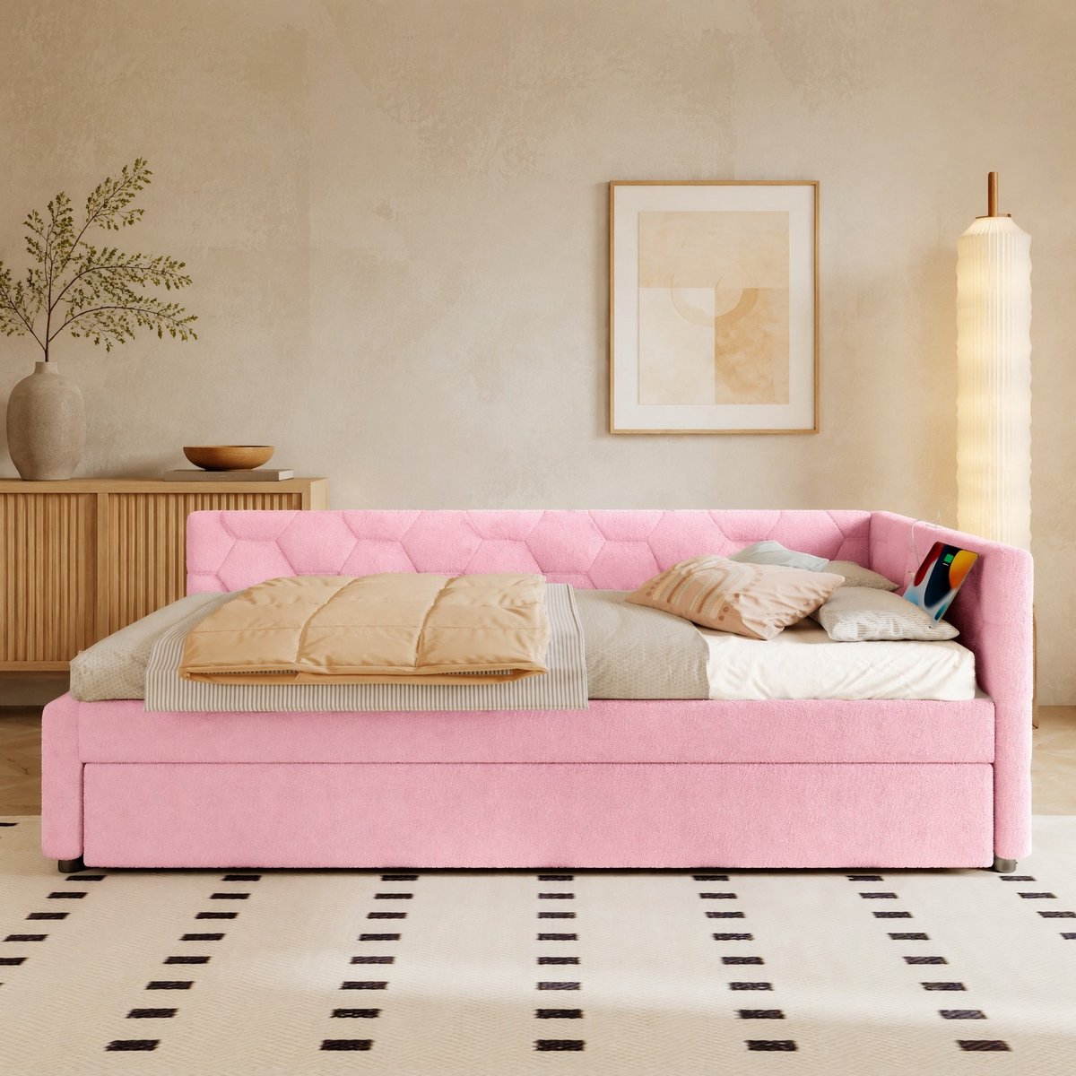 WUVRIE Bedbank 90x200 cm met uitschuifbed, lattenbodem, USB, Type-C en bedlampje, roze