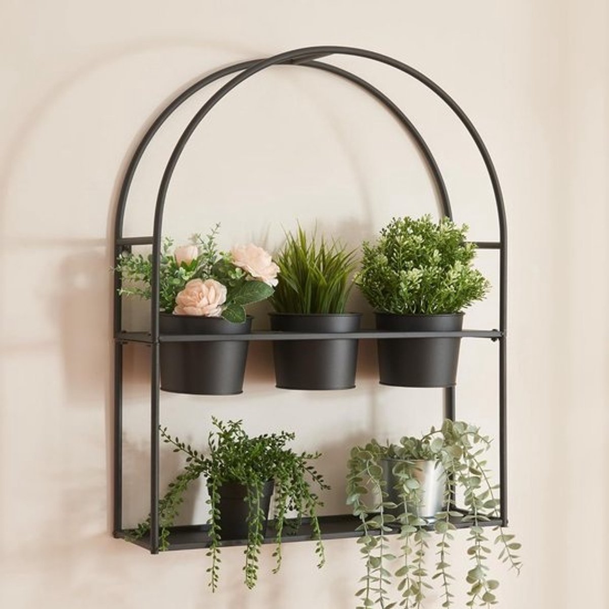 Plantenrek met potten - Bloemenstandaard - Voor decoratieve presentatie - Inclusief 3 potten - 65 x 52 x 15 cm - Zwart