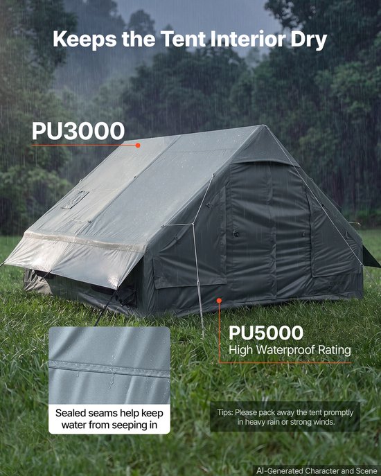 Groene VEVOR familietent in de regen, met natte stof en verzegelde naden. PU3000 en PU5000 waterdichtheid.