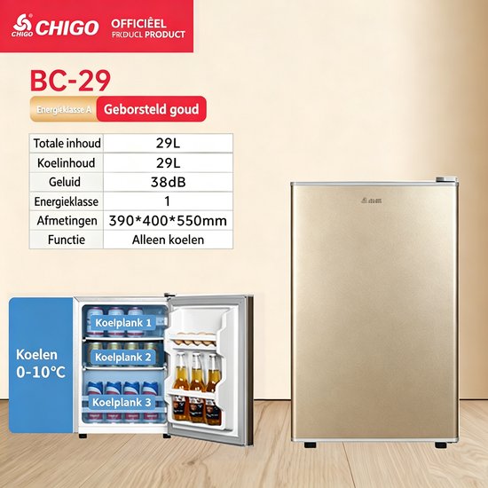 Eendeurs minikoelkast 29L alleen koelfunctie goudkleurig energielabel A geluidsniveau 38 dB voor studentenkamer kantoor en slaapkamer afmetingen 55*40*39 cm van learnlogic — afbeelding 5