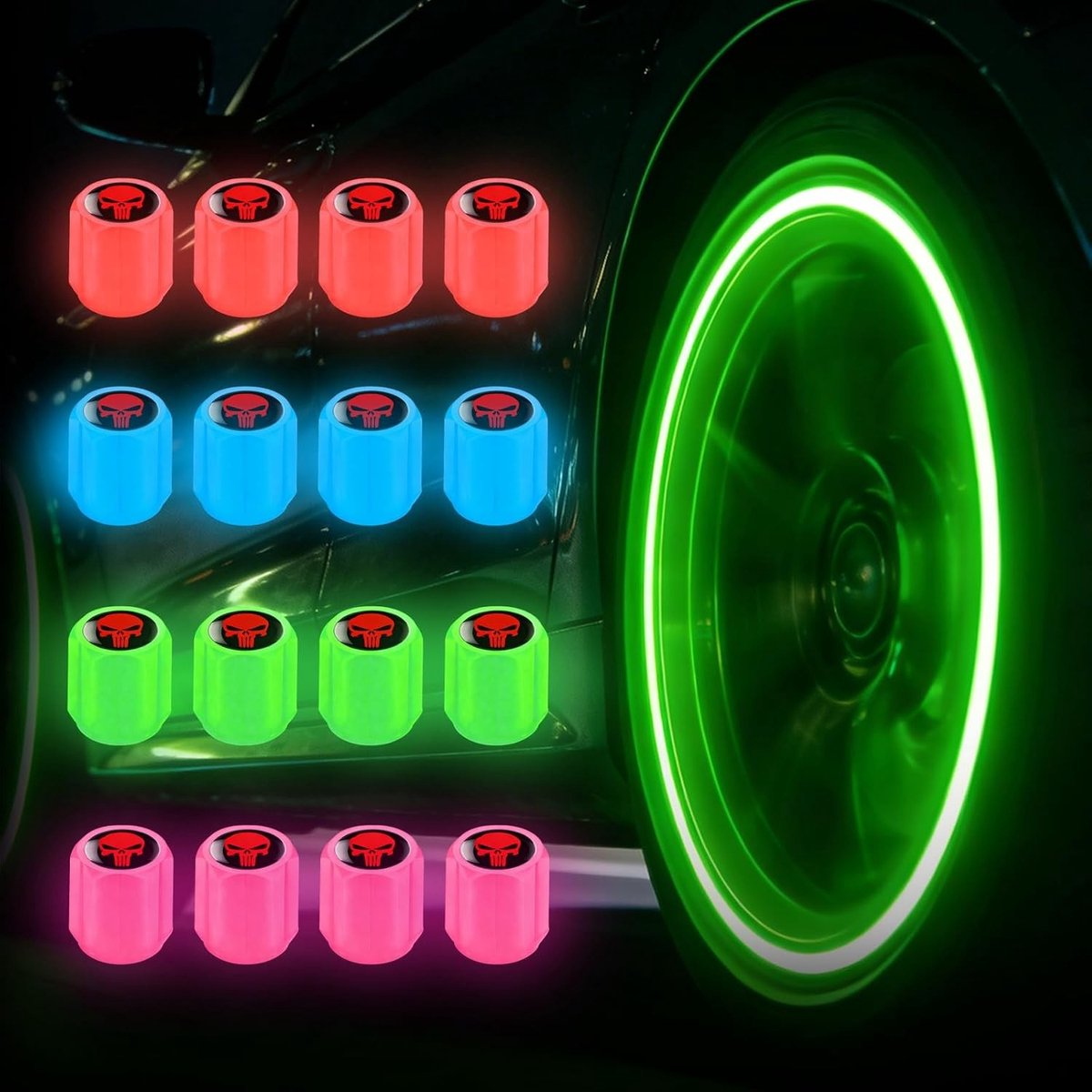 Set van 16 Fluorescerende Ventieldoppen met Skull Design - Robuuste Universele Ventieldoppen voor Auto en SUV, Verlicht voor Extra Veiligheid en Stijl