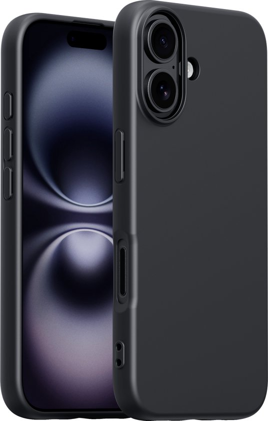 Coque noire en silicone pour iPhone 16 avec finition mate et découpes précises pour les boutons et la caméra.