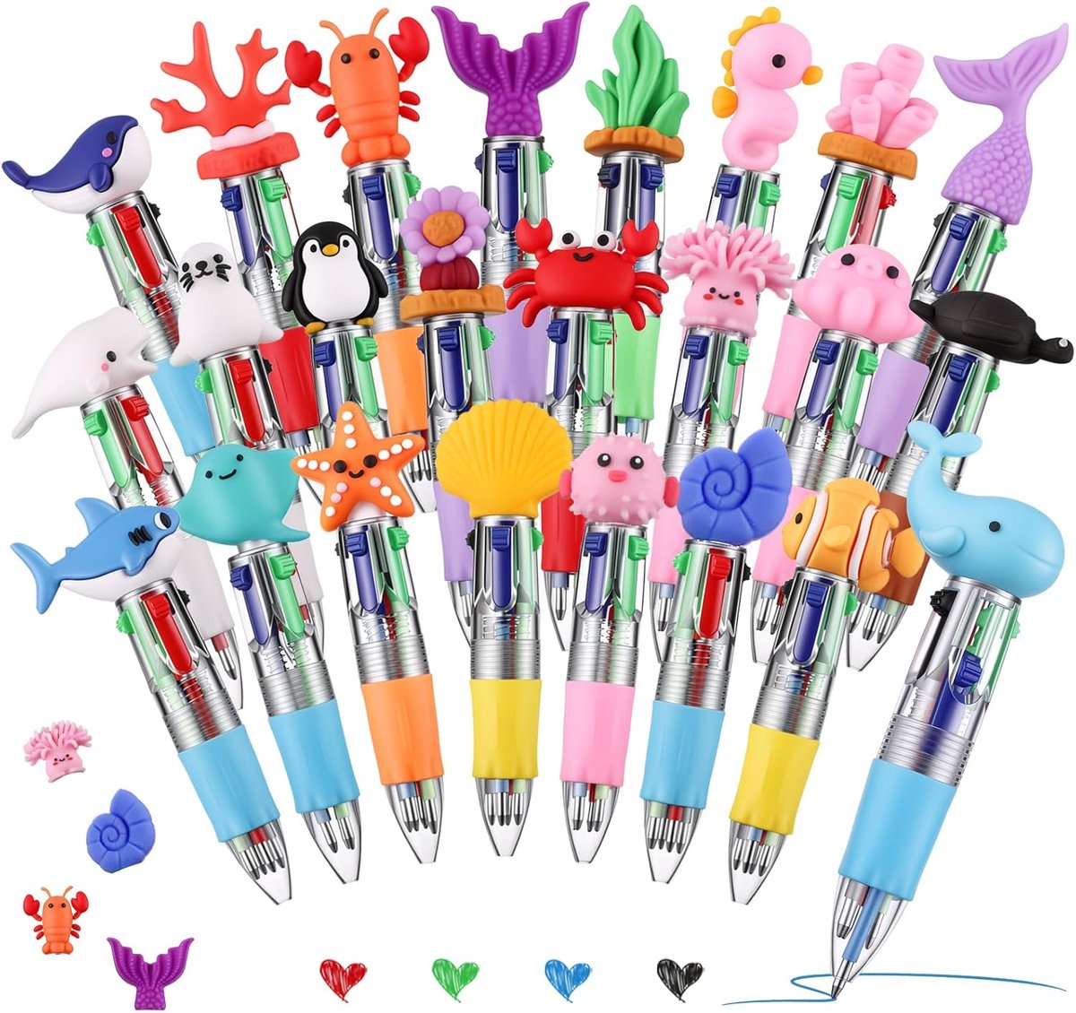 Balpennen set van 24 - 4-in-1 mini pennen - zeedieren print - perfect voor school en kantoor - ShopVlot