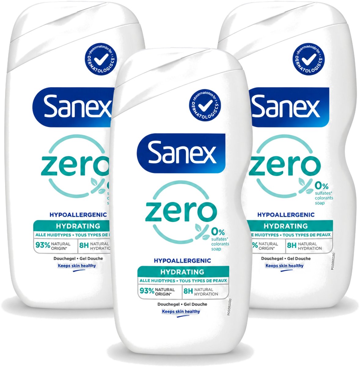3 x Sanex Zero % - Douchegel - Hydrateert - Alle Huidtypes - 400 ml - Voordeelverpakking - 3 stuks
