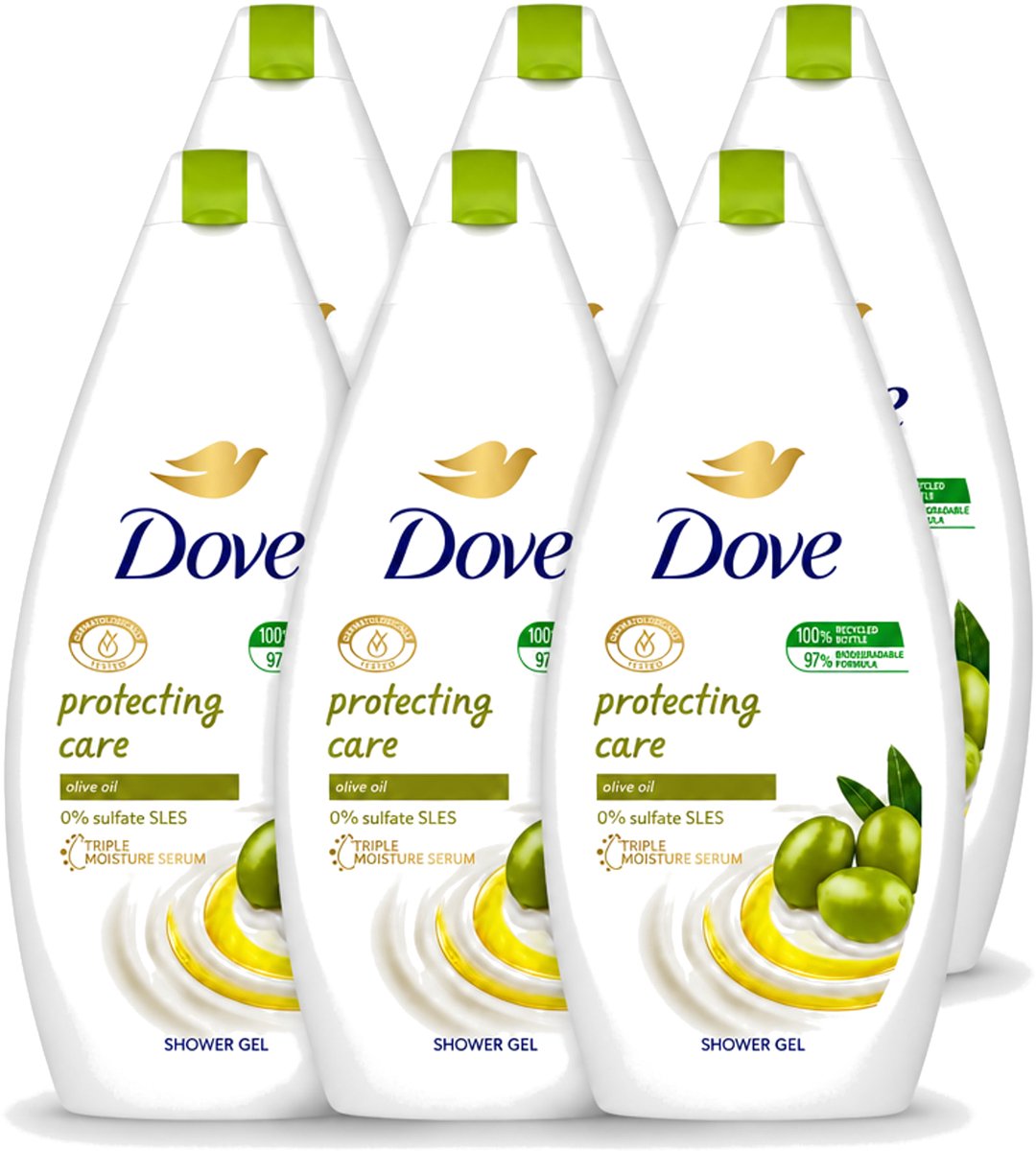 6 x Dove Protecting Care - Douchegel - Olijfolie - Sulfaatvrij - 450 ml - Voordeelverpakking - 6 stuks