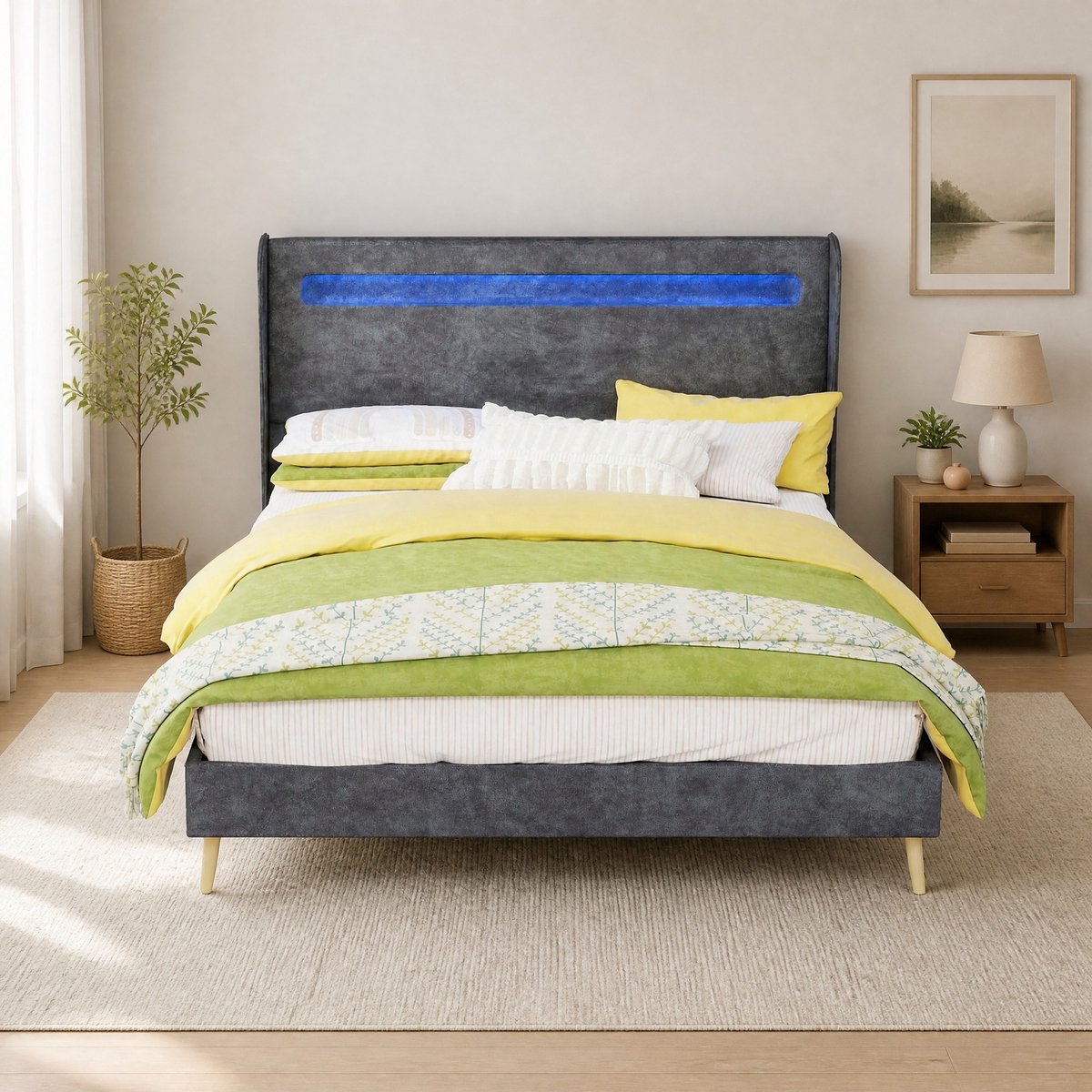 WUVRIE Gestoffeerd bedframe 140x200 cm met verstelbaar LED-hoofdbord en lattenbodem, grijs