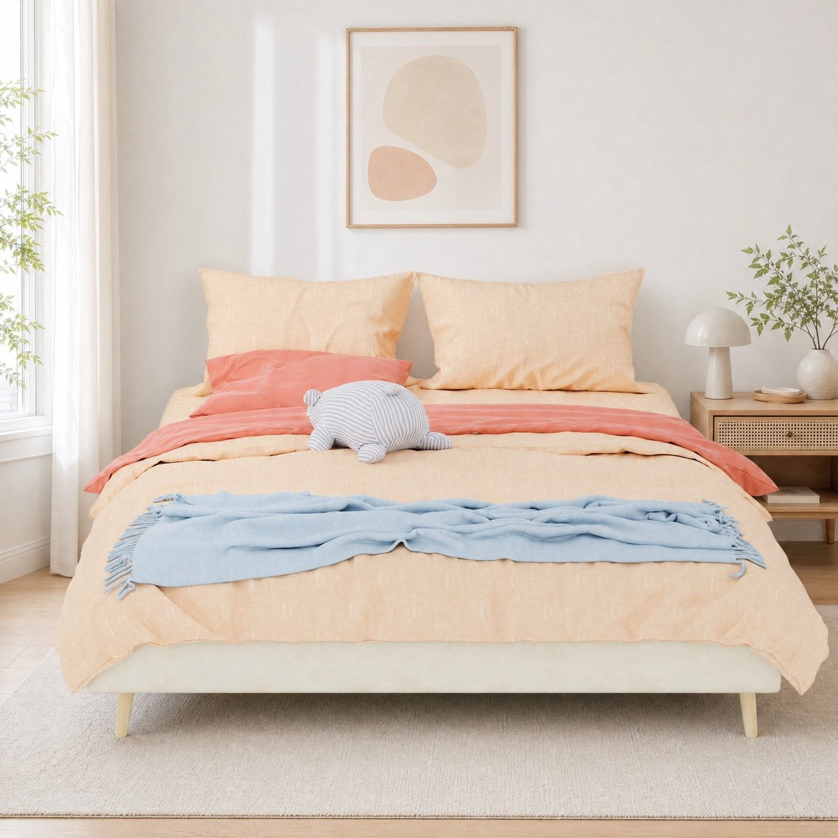 WUVRIE Bedframe 160x200 cm met laag platform en fluwelen bekleding, beige