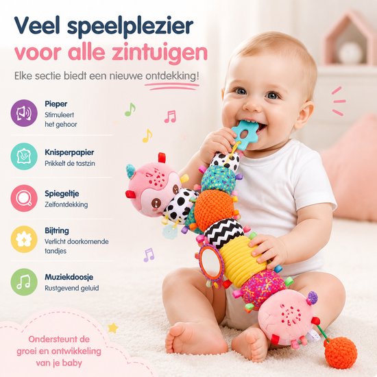 Sensorisch Babyspeelgoed - Muzikale Rups Knuffel - Activiteitenspeelgoed Baby met Rammelaar, Bijtring en Spiegeltje - Grijpspeelgoed voor 0+ Maanden - Roze — afbeelding 3