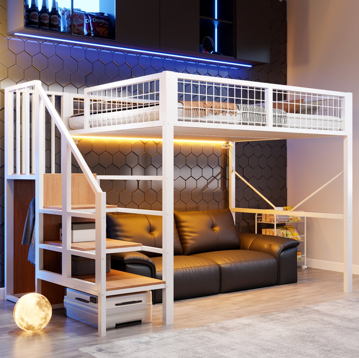 MIVRAY Hoogslaper 140 x 200 cm - Met Ledverlichting en Opbergladder - Zonder Matras - Voor Slaapkamer en Kleine Ruimtes - Metaal - Wit