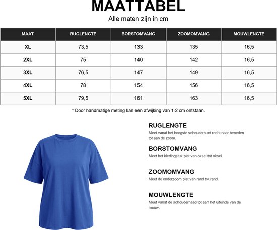 Maattabel voor een oversized T-shirt met afmetingen voor ruglengte, borstomvang, zoomomvang en mouwlengte.