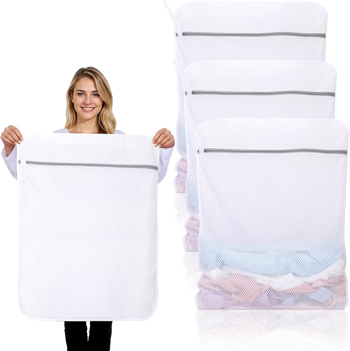 3 Stuks Duurzame Honingraat Grote Mesh Waszakken voor Delicates met Rits, Herbruikbare Waszakken voor Kleding, Sokken, Ondergoed en Reisorganizer (60x81cm)