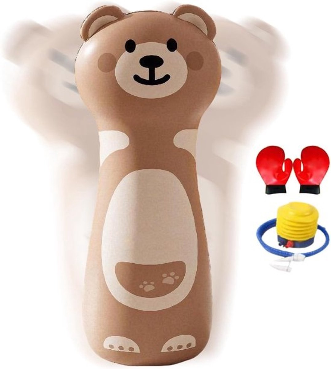 Opblaasbare bokszak - Kinderbokset - Actieve spelletjes - Veilige, stabiele basis - 42 x 120 cm - Bruine beer