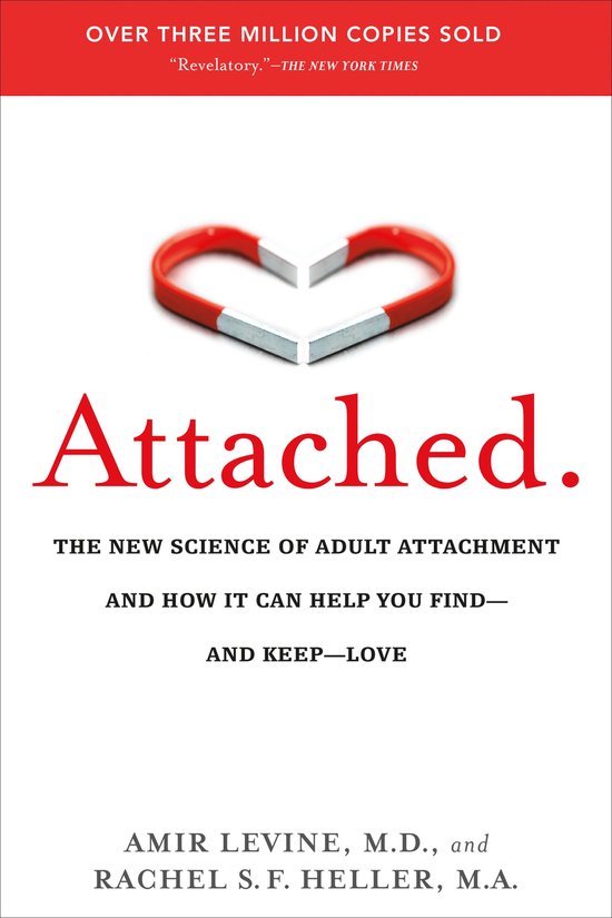 Couverture de livre avec le titre 'Attached.' en rouge, surmontée d'une forme de cœur magnétique et de texte sur l'attachement adulte.