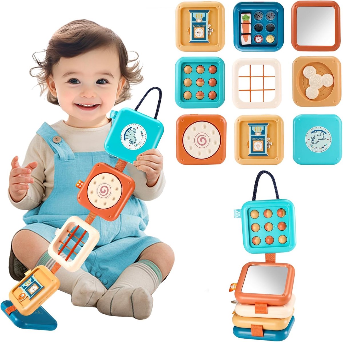 Montessori-speelgoed – 8-in-1 Busy Board voor Baby & Peuter – Sensorisch Reisspeelgoed voor Auto, Kinderwagen & Vliegtuig – Montessori Activiteitenketting voor Fijne Motoriek & Cognitieve Ontwikkeling – Geschikt Voor 1-3 Jaar