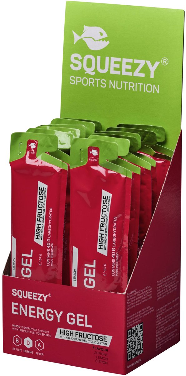 Squeezy Energy Gel High Fructose Lemon 1 : 0,8 Maltodextrine Fructose verhouding Sport 40g koolhydraten per gel- 12x67g