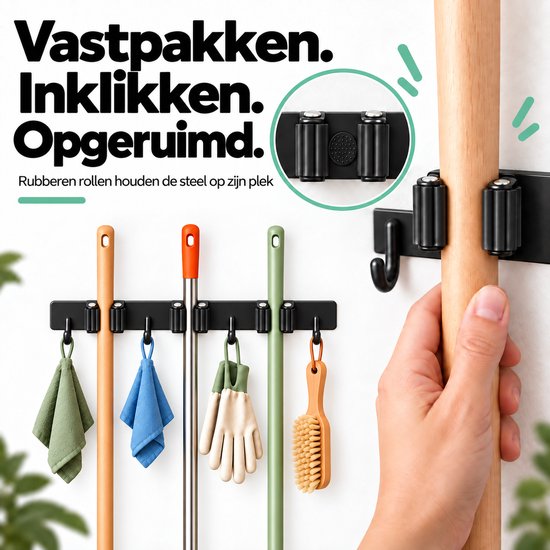 Volcan Bezemhouder - Bezem Ophangsysteem Tuingereedschap - 3 Houders 4 Haken - 3M Tape - Gereedschapshouder - RVS Zwart van Volcan — afbeelding 2