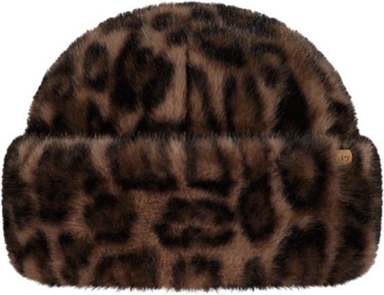 Bruine muts met luipaardprint en omgeslagen rand.