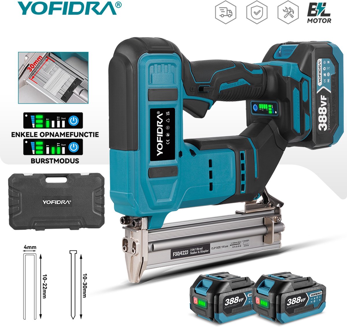 YOFIDRA 2-in-1 Borstelloze Nagelpistool – 21V, 2 Accu's, 3000 Nagels/Nietjes, Dubbele Afvuurmodus