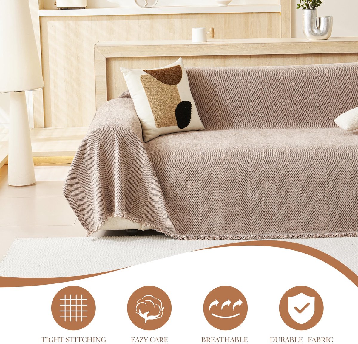 SnelShoppen - Luxe 100% Chenille Natuurlijke Deken voor Eenzitsbank - Kaki Plaid voor Fauteuil, Stoel en Bed - 130 x 180 cm - Perfect voor Woonkamer,