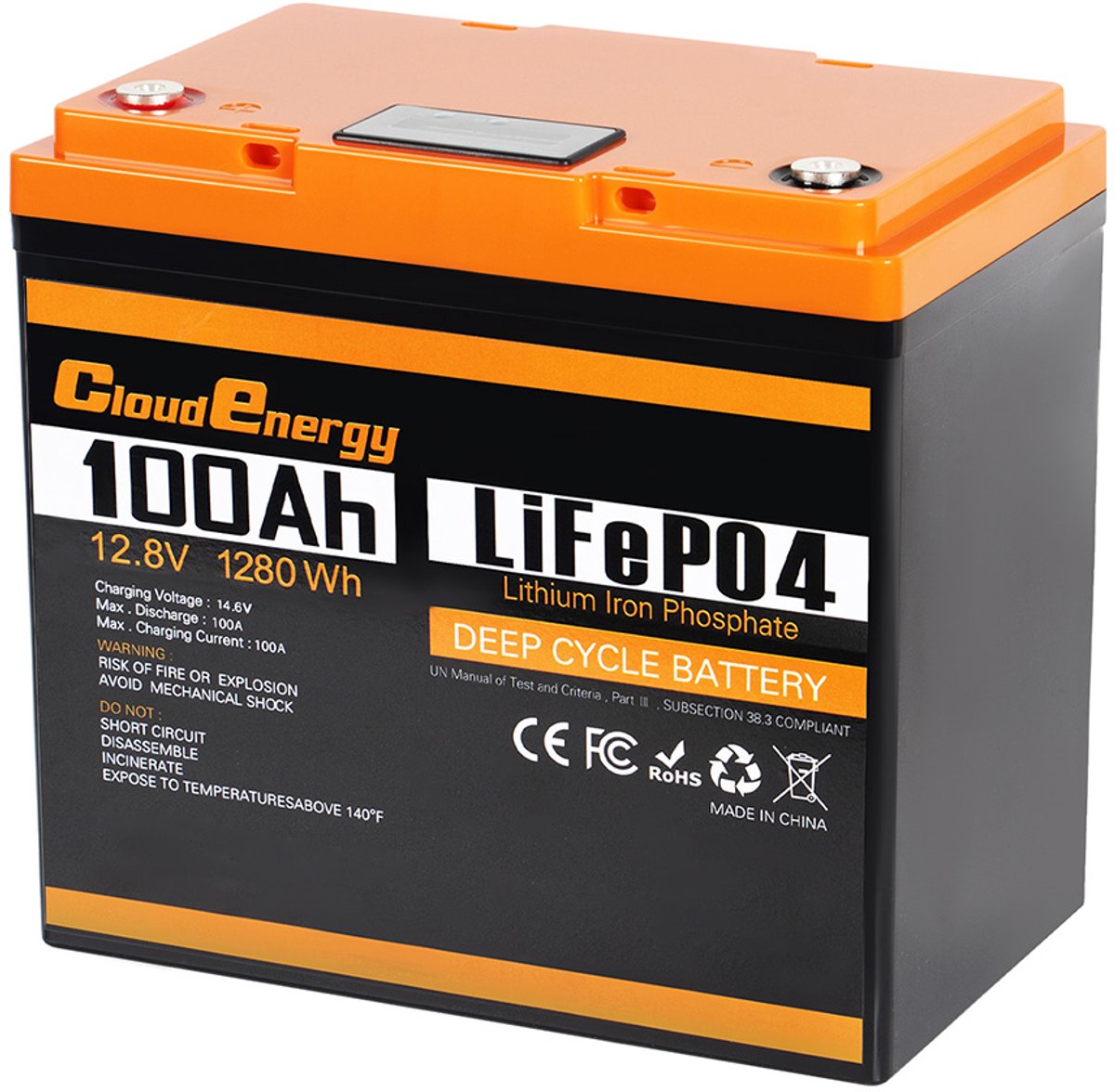 Cloudenergy 12V 100Ah LiFePO4-batterijpakket, 1280Wh energie, 6000+ cycli, ingebouwde 100A BMS, ondersteuning serie/parallel, voor back-upstroom, camper, boten, zonne-energie, trollingmotor, off-grid
