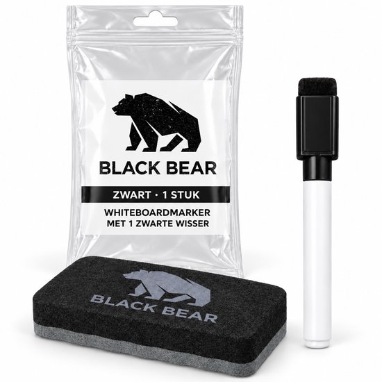 BlackBear whiteboardmarker en wisser in transparante verpakking, met zwarte accenten.