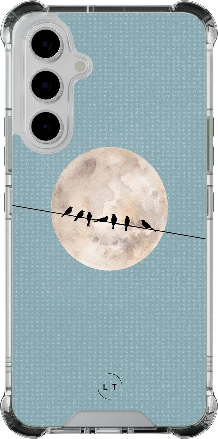 Shockproof hoesje - Geschikt voor Samsung Galaxy A55 - Moon birds - Extra sterke case - TPU/polycarbonaat - Print / Illustratie - Blauw, Transparant