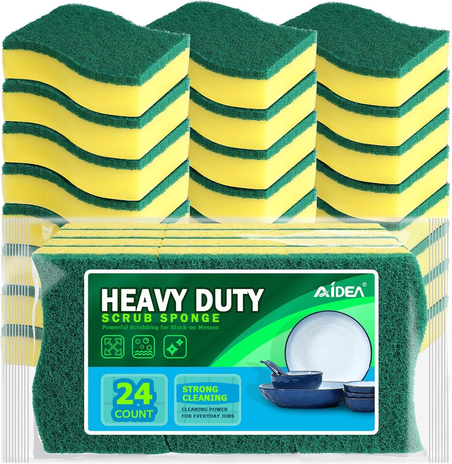 AIDEA Heavy Duty Scrub Sponge Dishwashing Pack of 24, Cleaning Scrub Sponge, Smell Free Double-Sided Dishwashing Sponge, Effortless Cleaning Eco Scrub