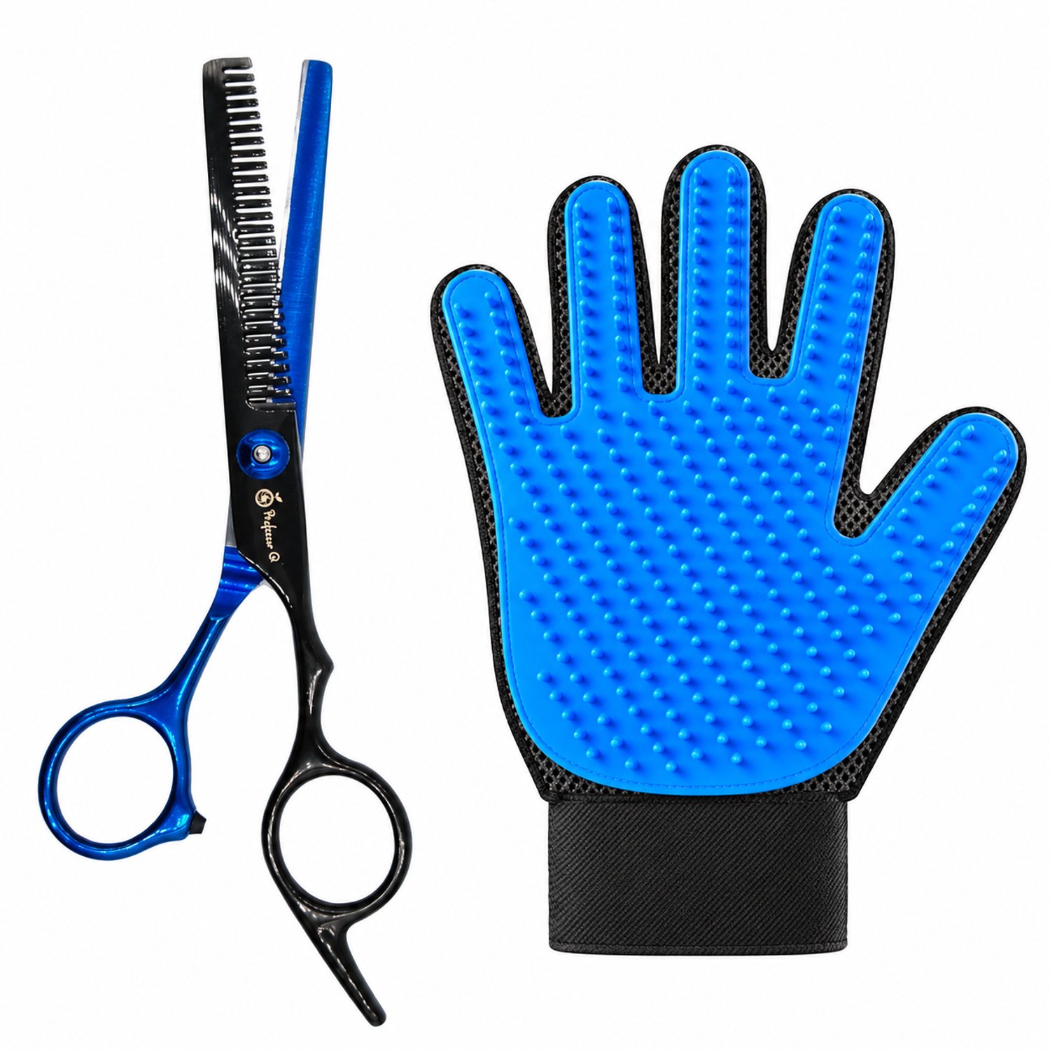 Professor Q Hondentrimset - Effileerschaar Zwart/Blauw - Vachthandschoen Blauw - 2-delig