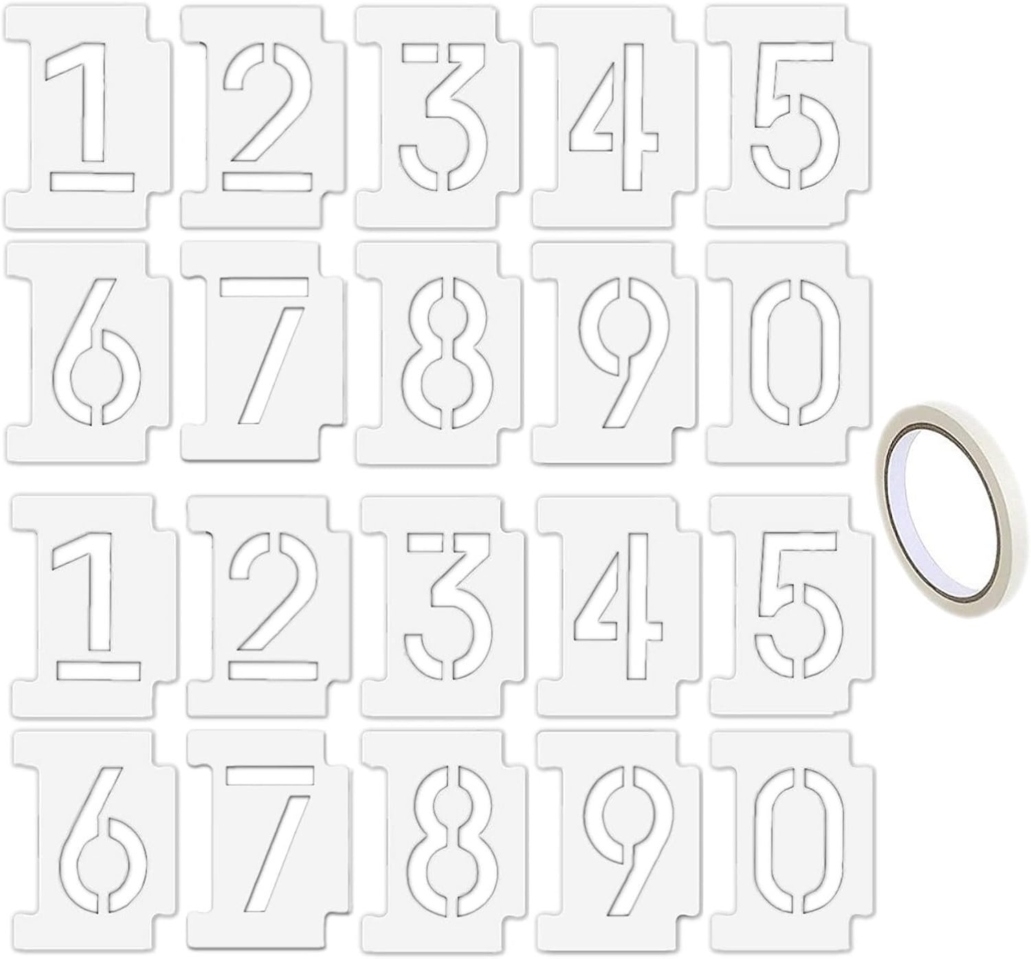 JZK Pack of 20 10 x 5.8 cm, 0 to 9 Number Stencils Spray Paint Set, Reusable Plastic Number Stencils with Masking Tape for Painting DIY Mailbox Signs,