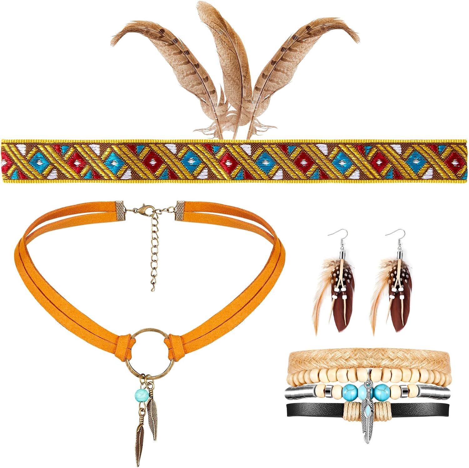 Boho accessoires set - 4 delen - leer en veren - met hoofdband, oorbellen, choker en armband - voor hippie stijl